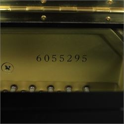 Yamaha model U5 upright piano retailed by Harrods, 88 keys and three pedals within high gloss ebonised case, serial no. 6055292, with Roland black button top piano stool