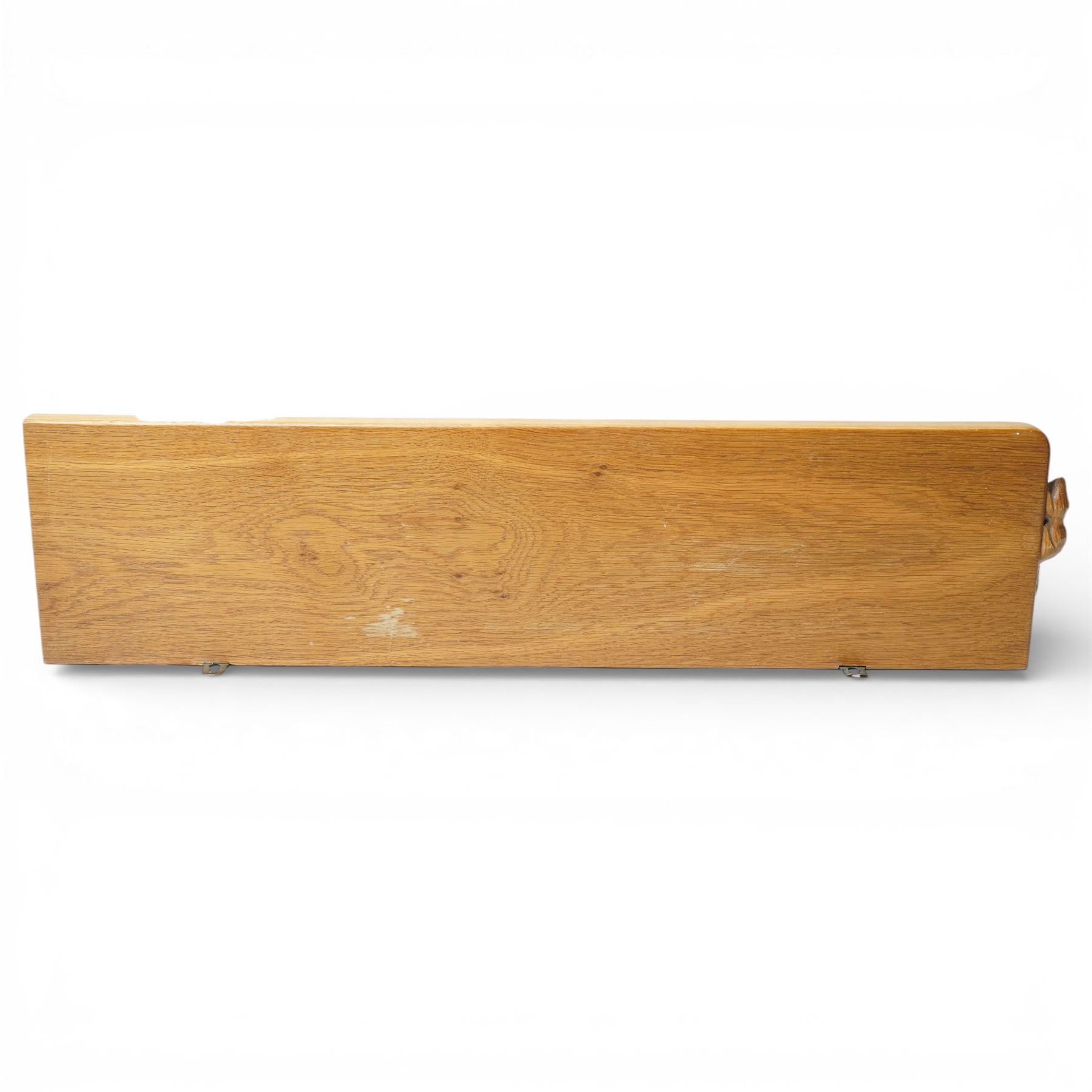 Beaverman - wall shelf single plank, with metal hangers, with carved beaver signature, by Colin Almack of Sutton near Thirsk