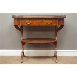  20th century French Kingwood side table, parquetry cube inlaid top with gilt metal gallery, single drawer above oval undertier, shaped end supports and splayed legs,  W94cm, H80cm, D38cm  