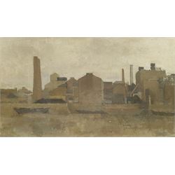 Donald W Dean (Northern British 20th century): 'Near Hammersmith Bridge' - Industrial Landscape, oil on board, signed and titled with artist's Stockton address verso 33cm x 56cm