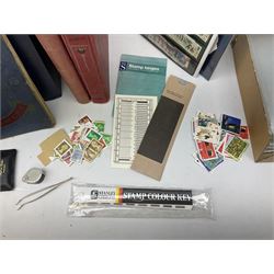 Great British and World stamps, including mostly used GB Queen Elizabeth II, New Zealand, Australia, Belgium, British Guiana, Canada, Chile, Cyprus, Denmark, Finland, Gambia, Germany, India, Liberia etc, stamp colour key, tweezers and various other stamp accessories, housed in various stockbooks, albums and loose, in one box