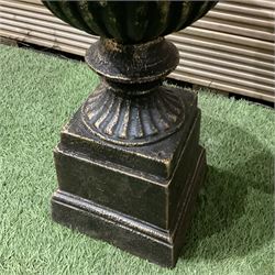 Pair of small Victorian style bronzed garden urns, on plinth bases - THIS LOT IS TO BE COLLECTED BY APPOINTMENT FROM DUGGLEBY STORAGE, GREAT HILL, EASTFIELD, SCARBOROUGH, YO11 3TX