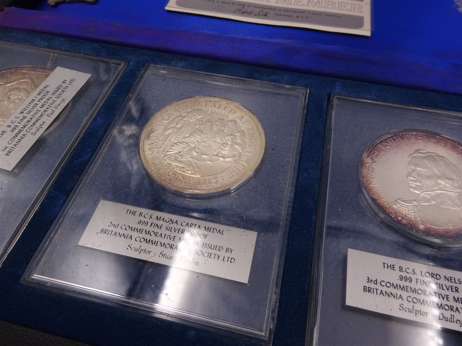 British Commemorative Society Ltd, set of six commemorative .999 fine silver proof medals, no. 1 to 6 , to include the William Medal, The Magna Carta Medal, The Lord Nelson Medal, The Canadian Centenary Medal, The Churchill Memorial Medal and The William Shakespeare Medal, each contained within clear perspex cases, in a silk lined fitted case