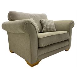 Barker & Stonehouse - three-seat sofa upholstered in striped textured fabric (W185cm, D99cm); together with a snuggler sofa upholstered in solid textured fabric (W139cm), raised on oak bracket feet, with scatter cushions 