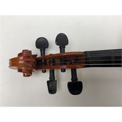 Four student violins - two Chinese three-quarter size with 33.5cm and 34cm two-piece backs; Stringers of Edinburgh quarter size with 28cm two-piece back; and Stentor quarter size with 28cm two-piece back; each in carrying case (4)