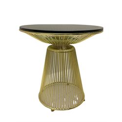 Pair of contemporary bright gold wire work circular lamp tables, with smokey blue glass tops 
