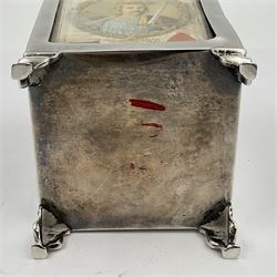 Edwardian silver mounted playing card case, hallmarked William Harrison Walter, Birmingham 1903, the sides each with a period playing card set behind a bevelled glass panel, the hinged cover with later engraving 'Presented to Norman T Crombie Esq by the officers & men of the 31st WR Detachment for services rendered 1917-1918', with red leather lined interior, the three compartments upon a sprung base and containing two later wooden Whist markers, case H12.5cm