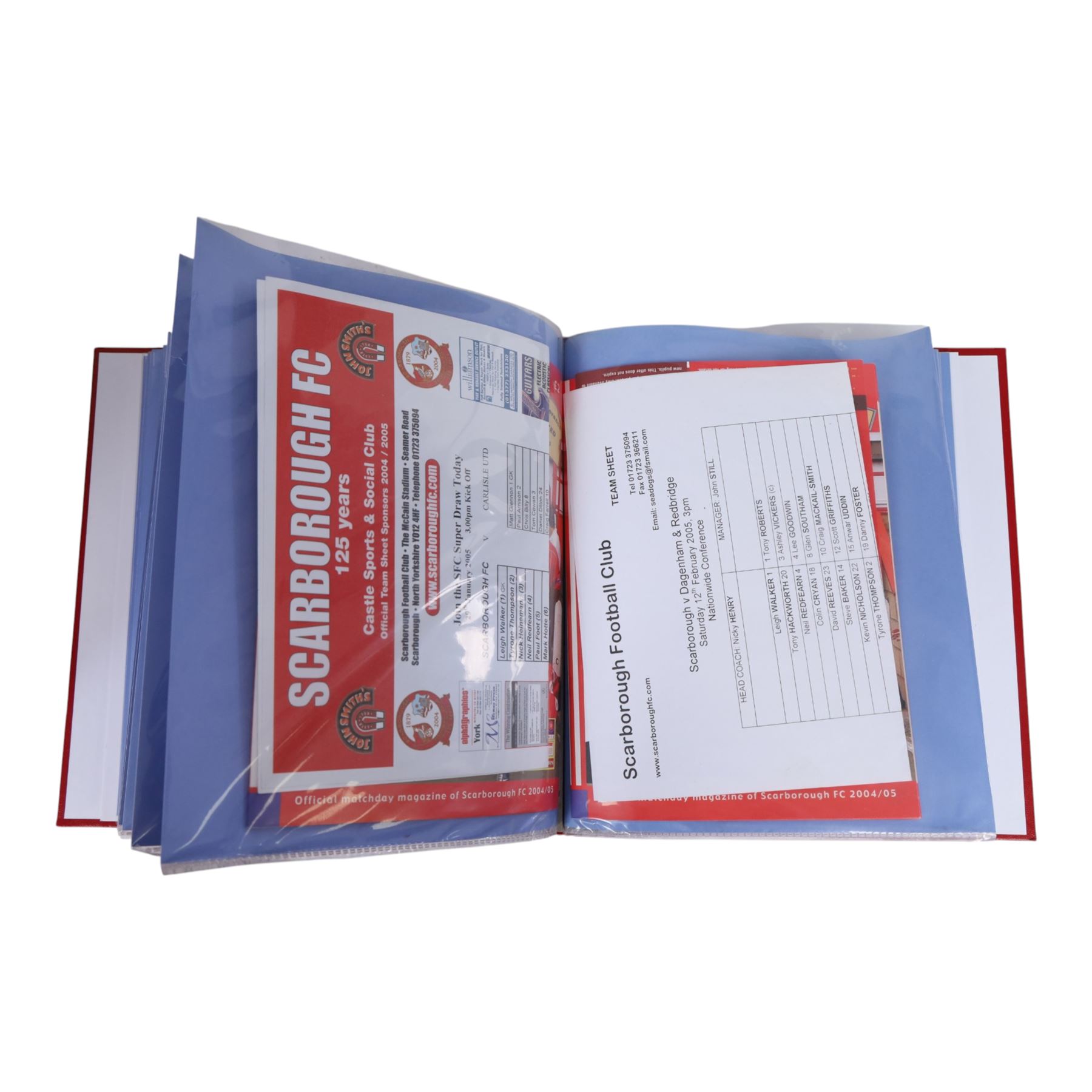 Comprehensive collection of approximately two hundred and thirty Scarborough FC football programmes for the 2003/04, 2004/05, 2005/06 and 2006/07 seasons, all filed within eight dedicated Scarborough FC red Home and Away binders