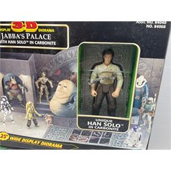 Star Wars - The Power of the Force - Cruisemissile Trooper; two x Jabba's Palace; Jabba the Hutt's Dancers; Speeder Bike; two x Kabe & Muftak; Ben (Obi-Wan) Kenobi; R2-D2; Millenium Falcon with Han Solo; Darth Vader; Oola & Salacious Crumb; and Mace Windu; all in sealed boxes/unopened carded (13)