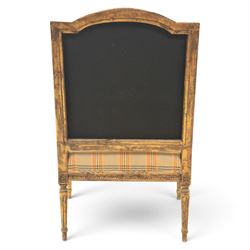 Louis XVI style painted fauteuil, the shaped padded back and overstuffed seat upholstered in cream tartan fabric, with scrolling open arms on fluted supports, the moulded frame with carved ribbon twist, rosette and husk decoration, raised on turned and fluted tapering legs