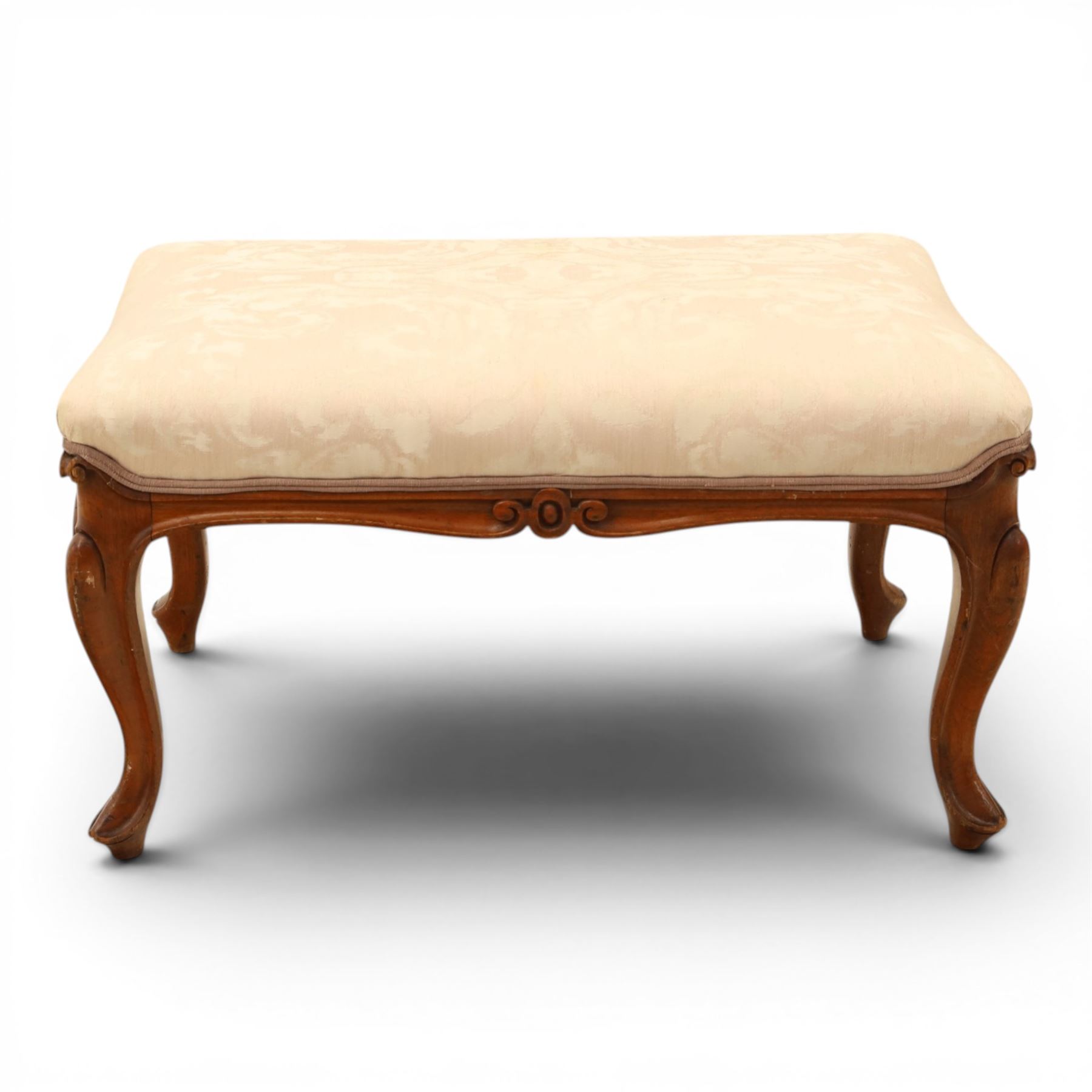 French walnut dressing stool, upholstered in pink damask fabric, raised on cabriole legs 