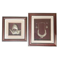 Framed Omani silver dhow sailing boat and a necklace and earring set, both in hinged wooden frames, max frame H33cm