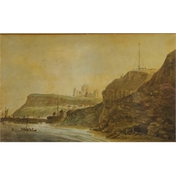  After Francis Nicholson (British 1753-1844): Whitby Scenes - View Looking Towards the North on the Pier, Church, Abbey and Battery from the Sands and The Abbey, thee 19th century watercolours unsigned max 25cm x 39.5cm (3)  