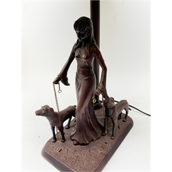 Large Tiffany style lamp, the bronze finish base modelled as a lady walking two Labradors with leaded style shade, H75cm 