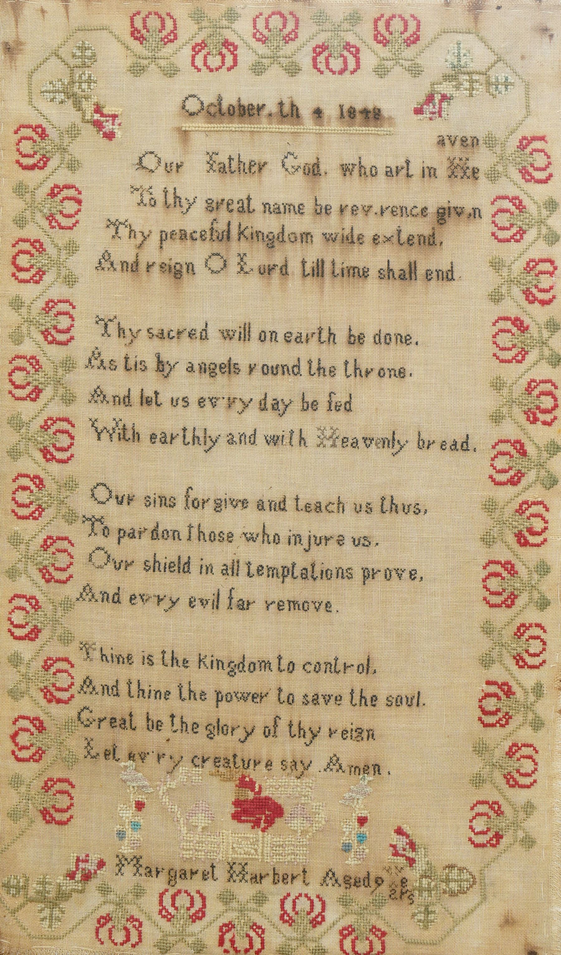 Victorian sampler by Margaret Harbert aged 9, dated 1848, worked with Lords Prayer verse within flowering vine border, framed, overall 67cm x 44.5cm 
