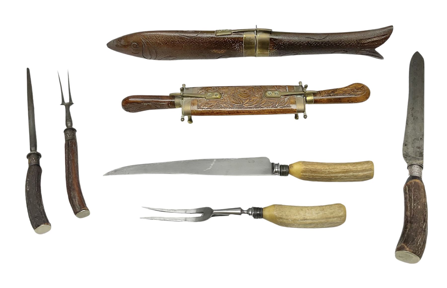 Early 20th century Indian wooden fish scabbard knife and fork serving