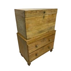 19th century camphor wood and pine chest on chest, camphor wood hinged blanket box on pine base fitted with two long drawers, on turned feet