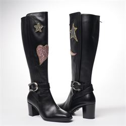 Gucci - pair of Dionysus buckled knee-high leather boots, in black with block heels, applied with rhinestone star, moon and heart applique motifs, with the signature silver tone tiger head buckle fastening and full length zip, size 38, total boot height 48cm, unused with original box and dust bags