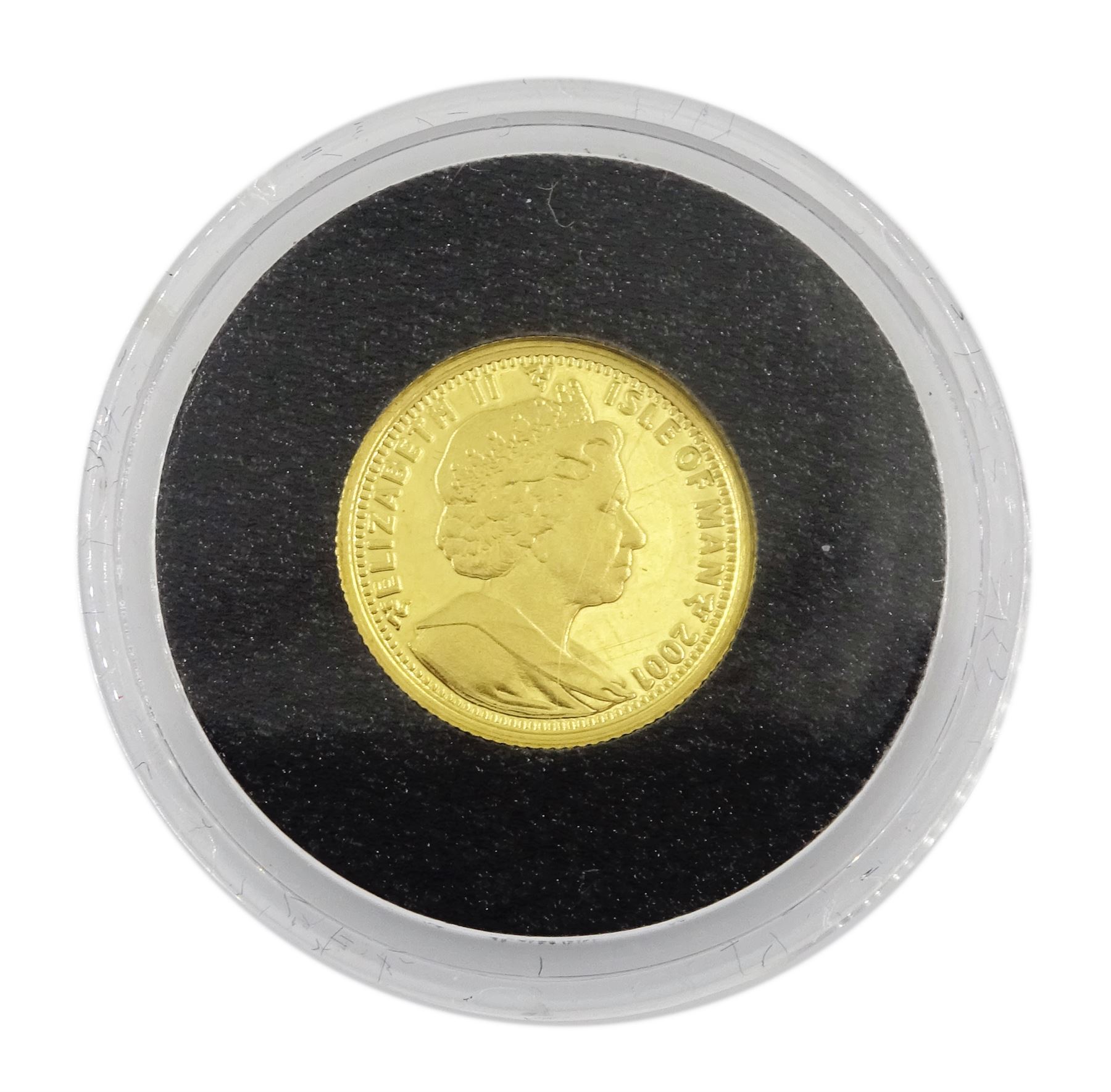 Queen Elizabeth II Isle of Man 2001 fine gold 1/25 ounce 'Somali Cat' coin from 'The Smallest Gold Coins of the World Collection', with certificate