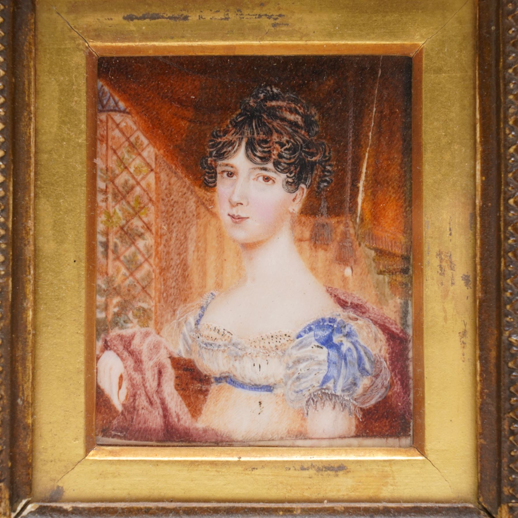 English School (Early 19th century): Portrait of a Regency Lady, miniature watercolour on ivory unsigned 8.5cm x 7cm This item has been registered for sale under Section 10 of the APHA Ivory Act