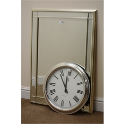  Silvered rectangular wall mirror (W66cm, H92cm) and quartz wall clock (2)  