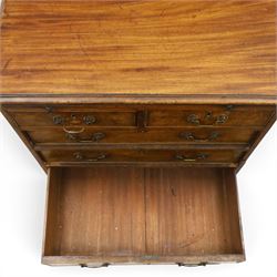 George III mahogany bachelors chest, rectangular top with moulded edge, fitted with brushing slide over two short and three long cock-beaded drawers with brass swan-neck handles, lower moulded edge on bracket feet