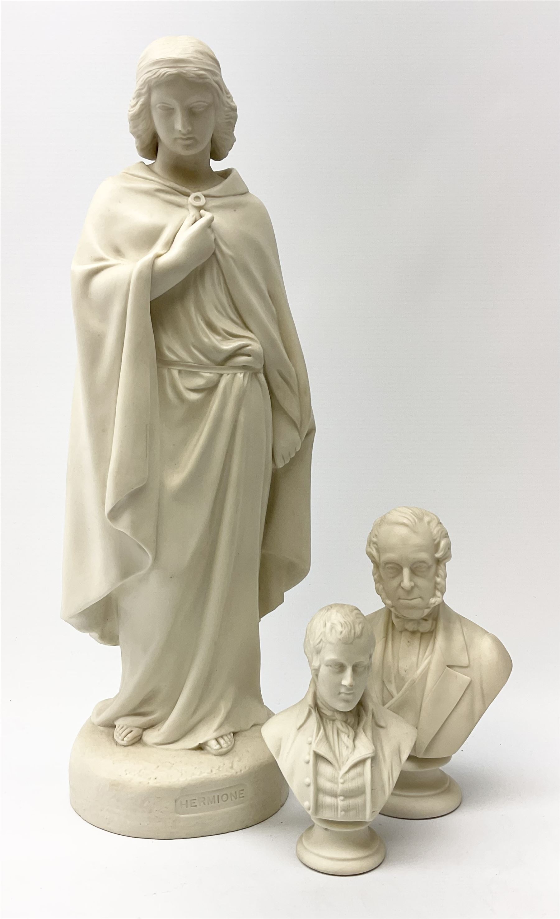 A Copeland Parian figure 'Hermione', sculpted by W C Marshall, 1860 impressed marks, along with two small parian busts. 