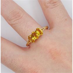9ct gold three stone oval cut citrine ring, hallmarked