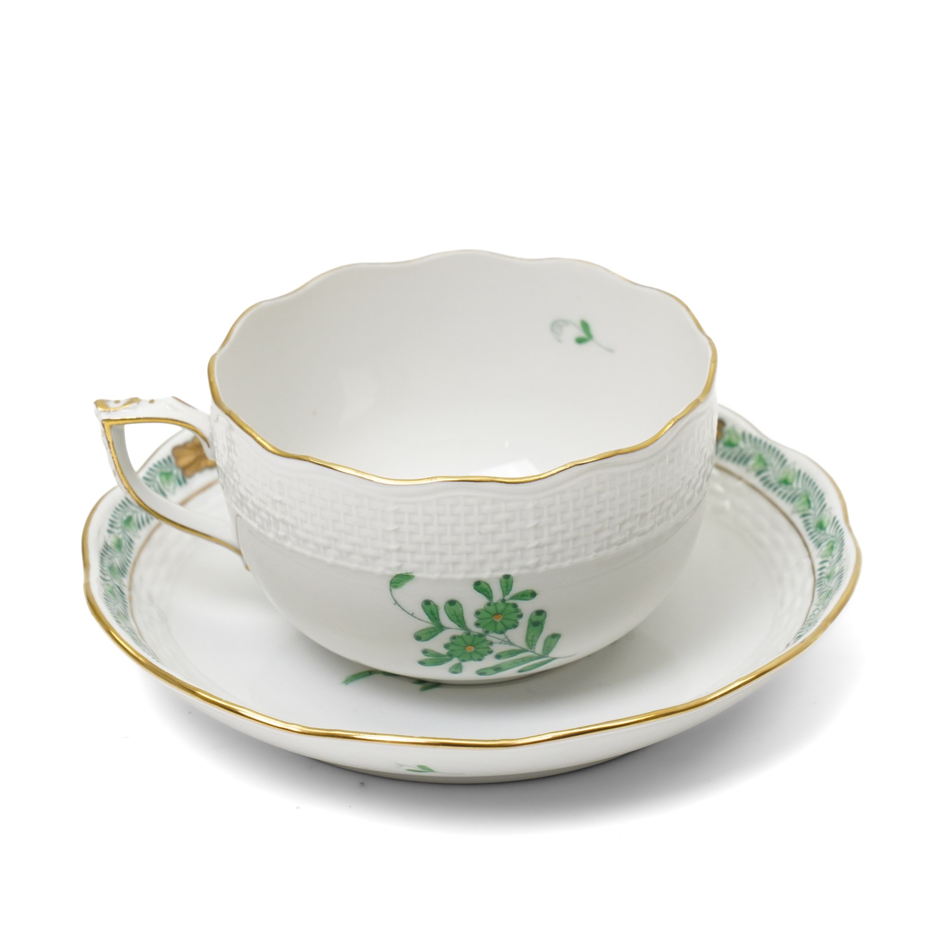 Herend porcelain Tete a Tete decorated in the green Chinese Bouquet pattern, comprising cabaret tray, two cups and saucers, tea pot, leaf shape bowl and milk jug