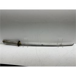 WWII Japanese katana with cast pierced tsuba, the L69cm arsenal steal blade marked 144559, with black lacquer Saya (scabbard), L97cm overall