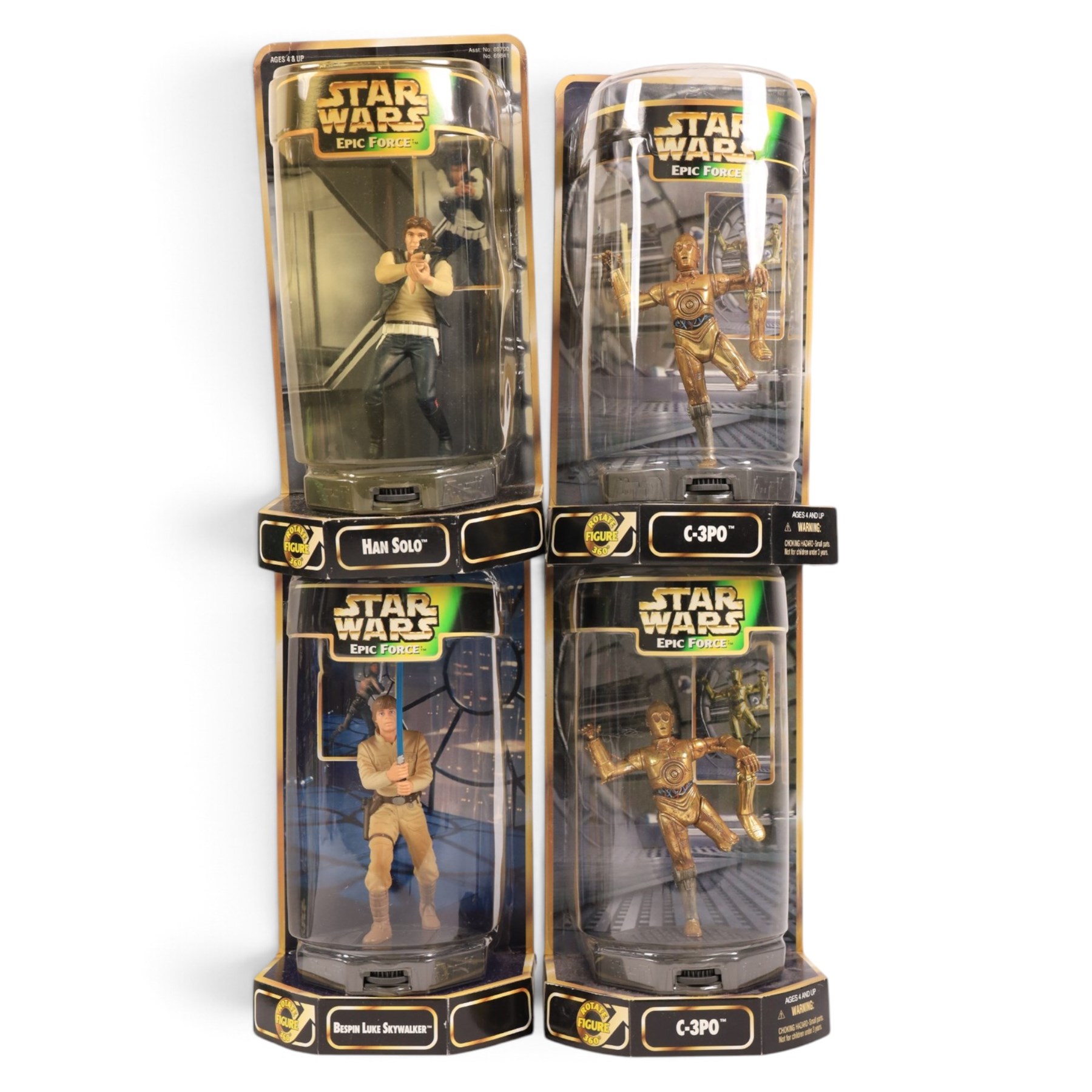Ten Star Wars figures and playsets, comprising four The Kenner Collection Epic Force figures Bespin Luke Skywalker, Han Solo and two C-3POs, The Kenner Collection Power of the Force Kabe and Muftak figure pack, Jabba the Hutts Dancers, Jabbas Palace Diorama, Cantina at Mos Eisley Diorama and Hasbro Silver Anniversary packs Final Duel and Death Star Escape, all boxed