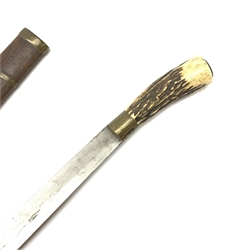 Continental hunting knife in the Khyber style with 49cm single edged steel blade and brass mounted stag antler grip, in brass banded wooden scabbard L61cm overall