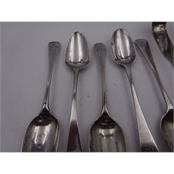 Group of Georgian and later silver flatware, including teaspoons and sugar tongs, all hallmarked 