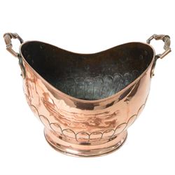 Victorian copper coal bucket, of oval part fluted form with twin handles, H32cm, together with copper fireside accessories