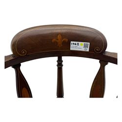 Edwardian inlaid mahogany corner chair, curved arms on shaped splat supports inlaid with satinwood, on turned supports (W60cm, H75cm); Edwardian inlaid mahogany tub-shaped armchair, the cresting rail inlaid with scrolling acanthus leaves and flower heads, on square tapering supports with spade feet (W58cm, H80cm)