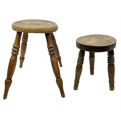 Miniature stool with an elm top upon three birch turned legs H26cm, together with elm topped stool upon four ash turned legs H34cm. 
