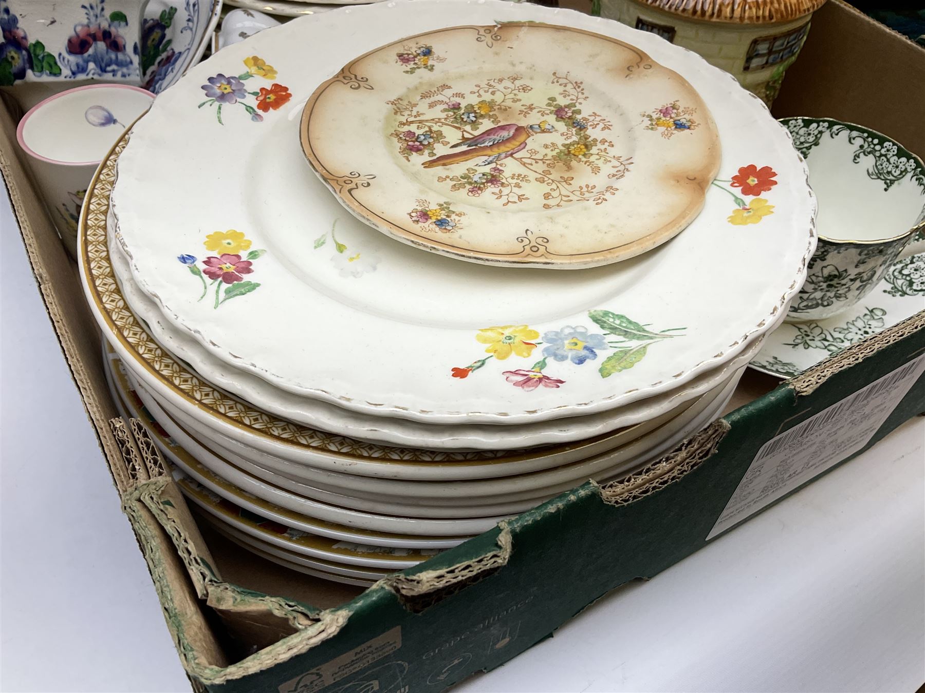 Large quantity of Victorian and later ceramics to include Spode Velamour twin handled vase, Bavaria Schumann Arzberg large circular stand and vase, Beswick Ware,  Spode, blue and white, Hanley and G Meakin, tea wares, figures, West German vase etc in six boxes