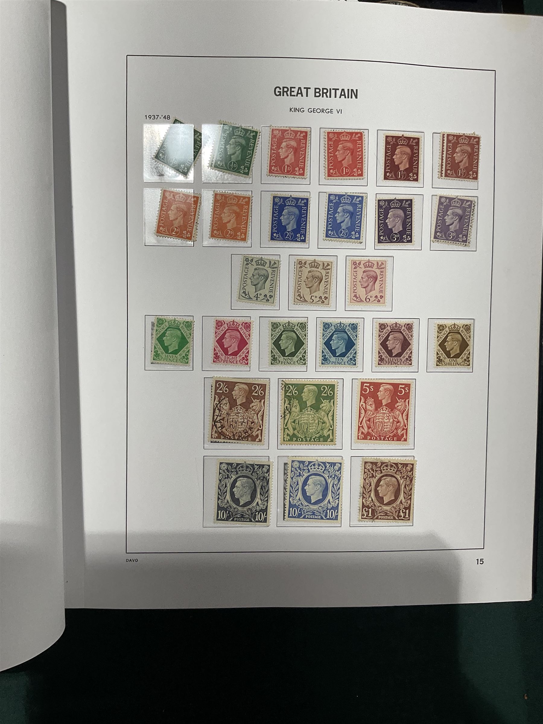 Extensive single album collection of Great British Queen Victoria and later stamps, including QV penny black with three margins, 1840 two pence blue, perf two pence blues with white lines added, QV one pound brown lilac, QV one pound green, King George V seahorses, 1929 Postal Union Congress one pound black, King George VI 1939-48 set of six with ten shillings dark blue, Queen Elizabeth II pre-decimal issues, housed in a Stanley Gibbons Great Britain 2001 album, a well presented collection with few ommissions