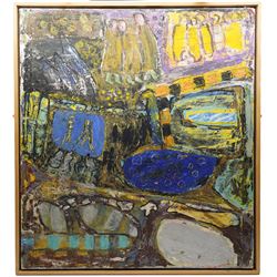 Gillian Ross Kelsey (British 1935-2025): 'The Meeting Place', acrylic on canvas unsigned 102cm x 91cm