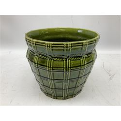 Three jardinières comprising West German Gerz example decorated in relief, Doulton Slaters example with frilled everted rim and a majolica example, and a further two Arthur Wood majolica jugs (5)