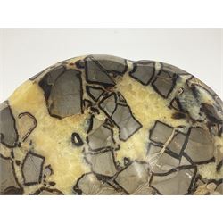 Polished septarian bowl, with a calcite and siderite within limestone rock, D16cm H8cm