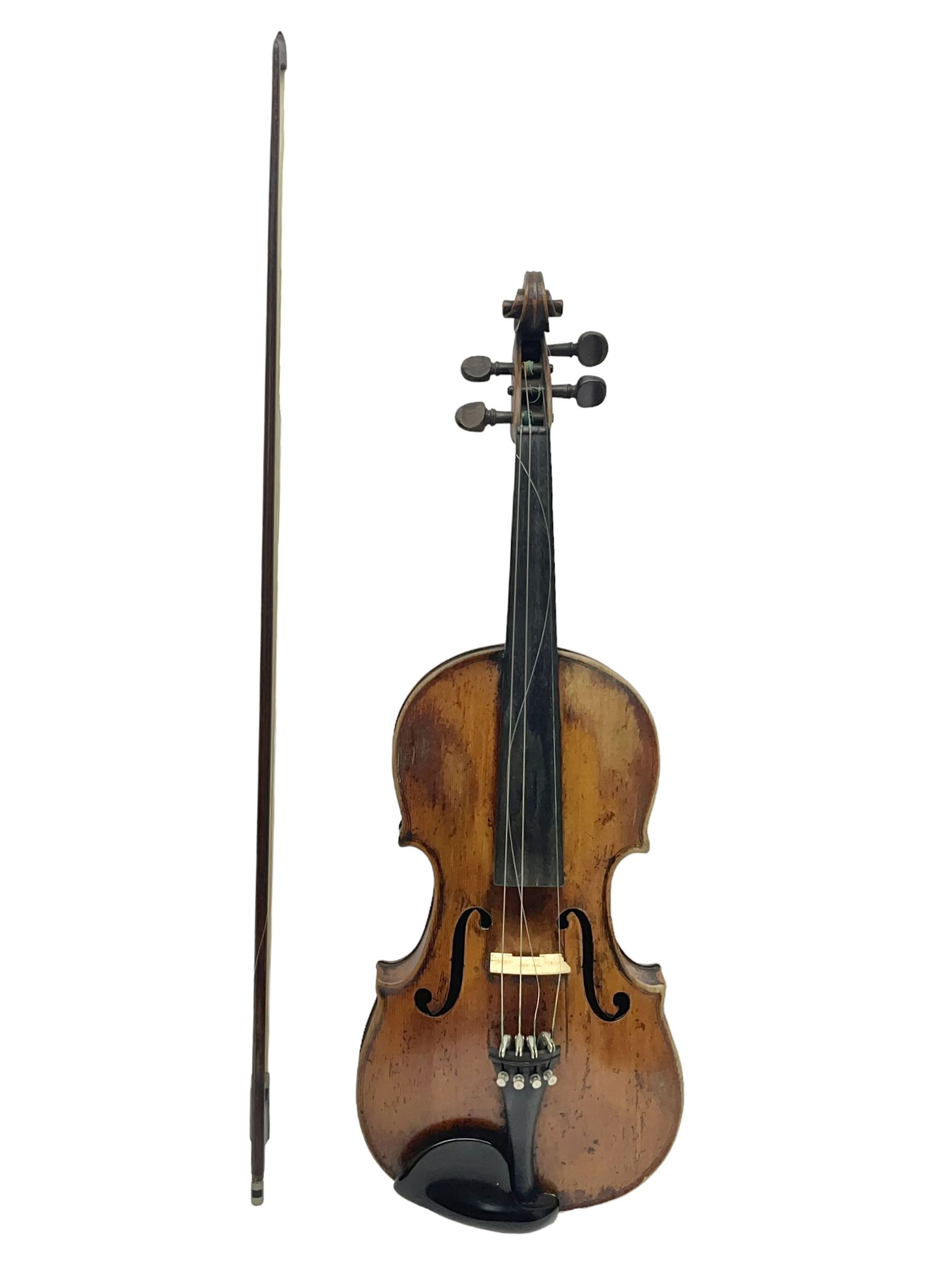 Late 19th century French trade violin with 35.5cm one-piece maple back and ribs and spruce top L59cm overall; in carrying case with bow