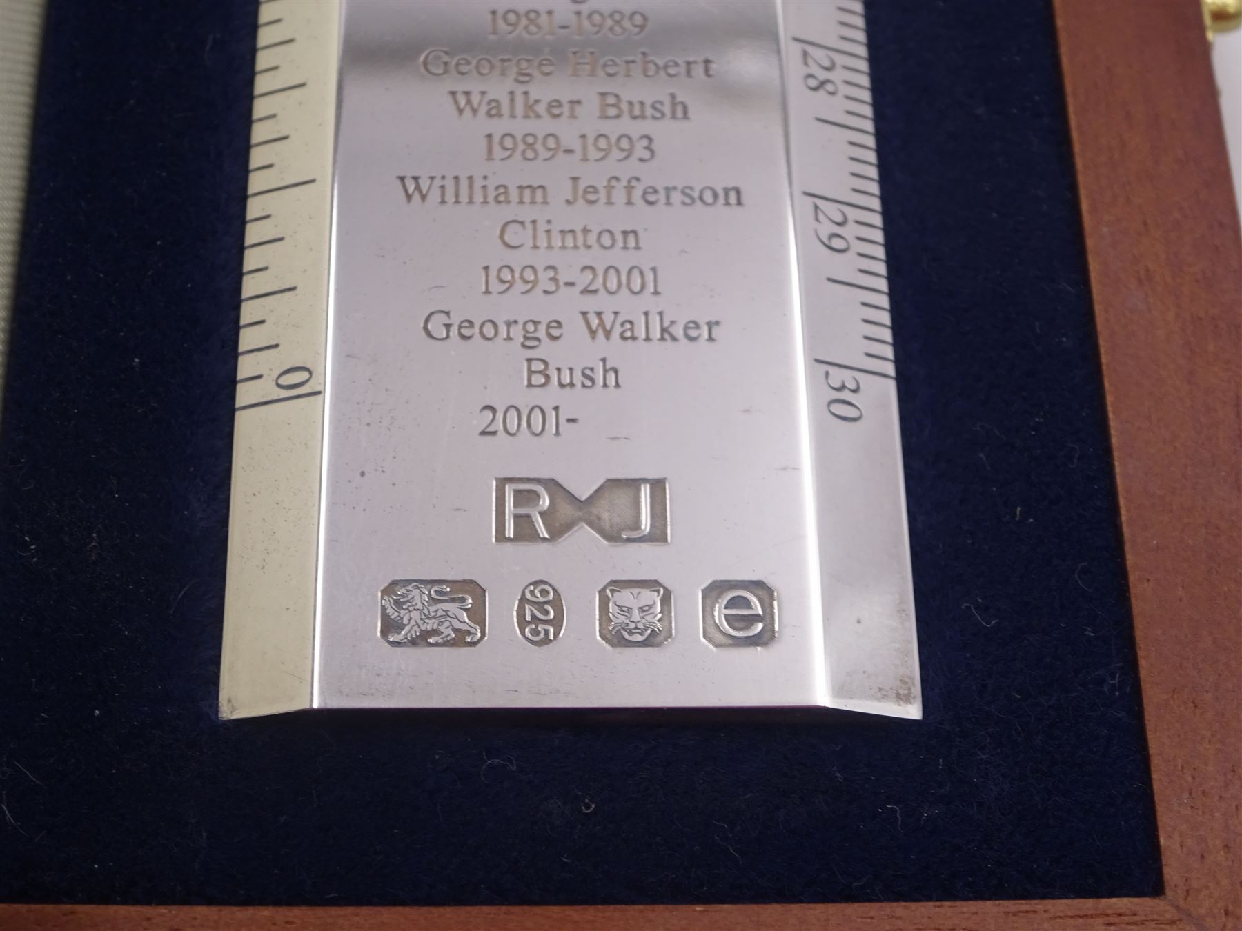 Modern silver 'Presidents Rule' ruler, by Richard Jarvis of Pall Mall, engraved with the names and dates of American Presidents from 1789 to 2001,  hallmarked Richard Jarvis, London 2004, L33.5cm, within silk and velvet lined fitted case
