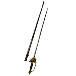 British Victorian court sword, the L79cm straight narrow blade with etched decoration and marked Hill Brothers -3- Old Bond St London, in steel scabbard, L100cm 