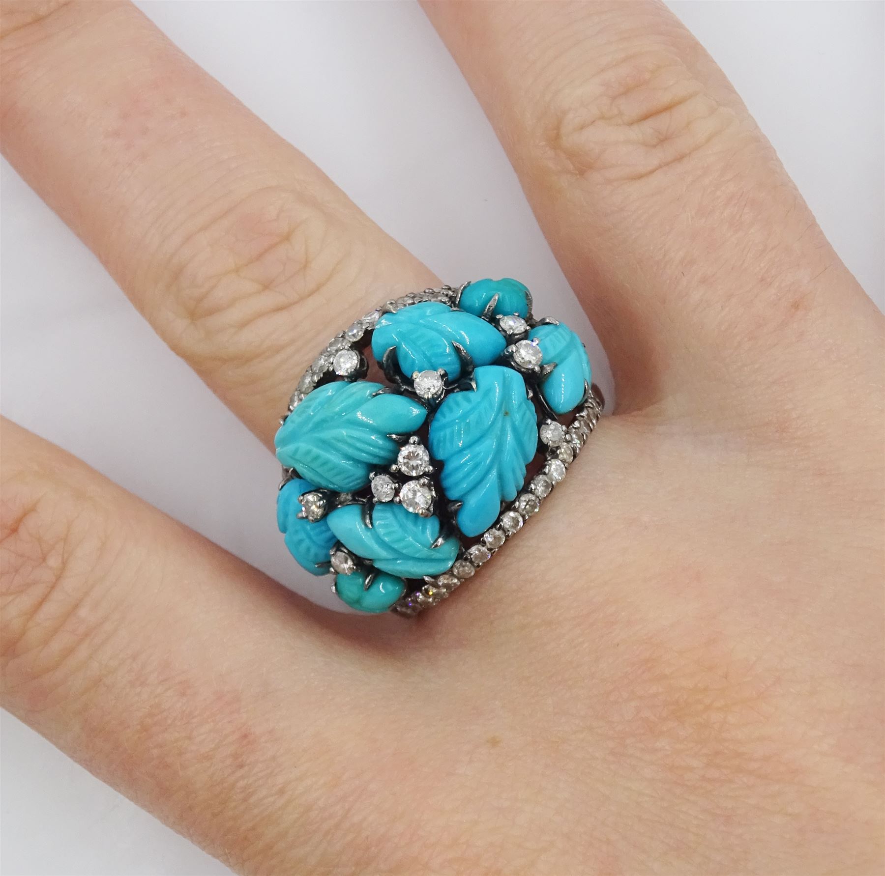 18ct gold black rhodium plated turquoise leaf and round brilliant cut diamond ring, stamped 750