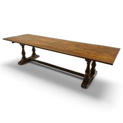 Large 17th century design oak 10ft refectory dining table, the rectangular top raised on t...