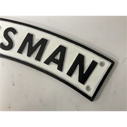 Cast iron Flying Scotsman arched type railway sign, L89cm THIS LOT IS TO BE COLLECTED BY APPOINTMENT FROM DUGGLEBY STORAGE, GREAT HILL, EASTFIELD, SCARBOROUGH, YO11 3TX