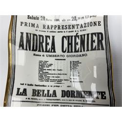 Fornasetti rectangular 'Andrea Chenier' operatic poster ashtray decorated with black and white text with a gilt border edge,  with printed mark beneath, H22cm 