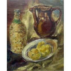 Pinchus Krémègne (Belarusian/French 1890-1981): Still Life of a Stoneware Jug Bottle and Fruit, oil on canvas laid on board signed 53cm x 43cm 
Notes: Krémègne was a Lithuanian Belarusian Jewish-French artist, primarily known as a sculptor, painter and lithographer. He was a native of Zhaludak near Lida, now Belarus, and was a friend of both Chaïm Soutine and Michel Kikoine. He studied sculpture at the Vilnius Academy of Art, and died at Ceret France.