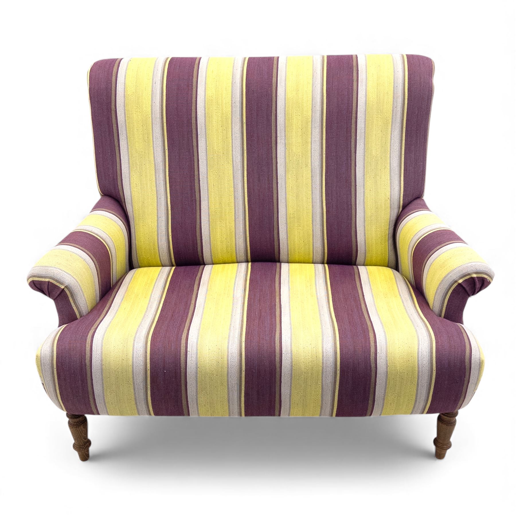 Sofa.com - ‘Jethou’ two seat sofa, upholstered in striped fabric of purple, yellow, and cream tones, with scroll arms and cushioned back, raised upon turned wooden front legs
